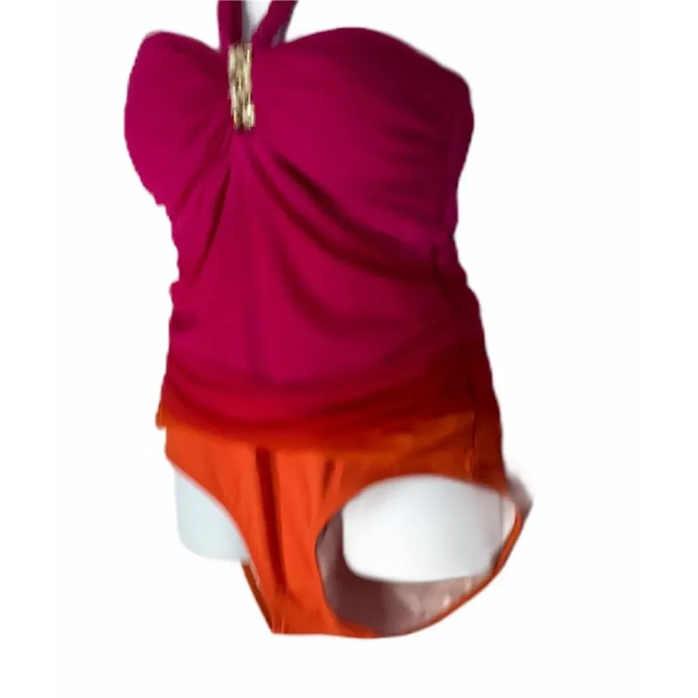 Ralph Lauren Swimsuit One‎ Piece Sz 12 Orange Pink Ruffle Halter Rhinestones